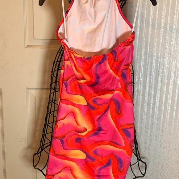 WOMENS - NWOT XS SHEIN ICON Splash Print Tie Back Bodycon Dress pink red orange - Picture 7 of 10